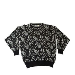 Vintage Gitano Sweater Large Made in the USA Paisley White Black ‘80s ‘90s Knit